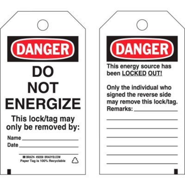 Brady Brady® 50258 Lockout Tag- Danger Do Not Energize, 2 Sided, HD Polyester, 25/Pack 50258